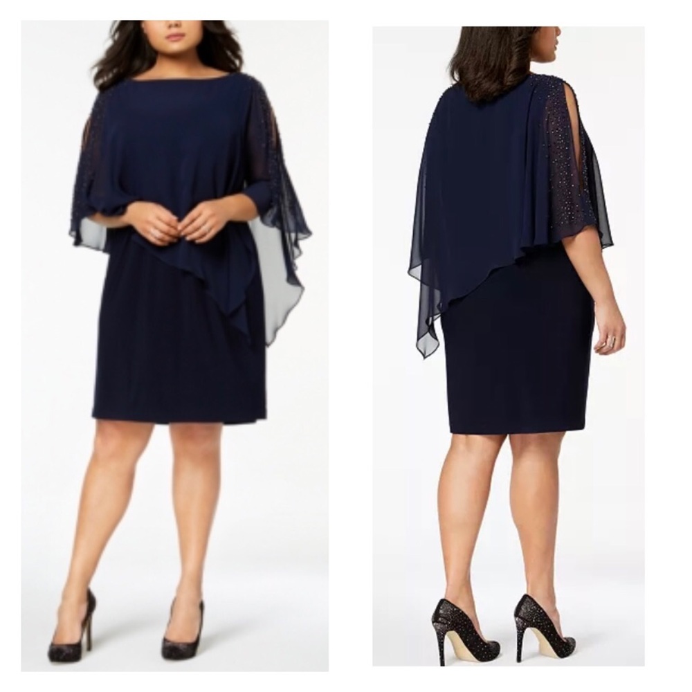 NWT Xscape Navy Beaded Chiffon Popover Dress Size 14W